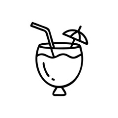 Coconut Drink Glass Straw Umbrella Summer Tropical Vacation Line Art Icon vector