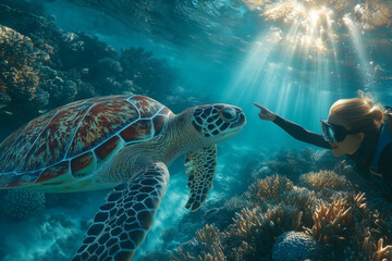 Fototapeta premium Diver with vitiligo shares a moment with a sea turtle in a vibrant reef