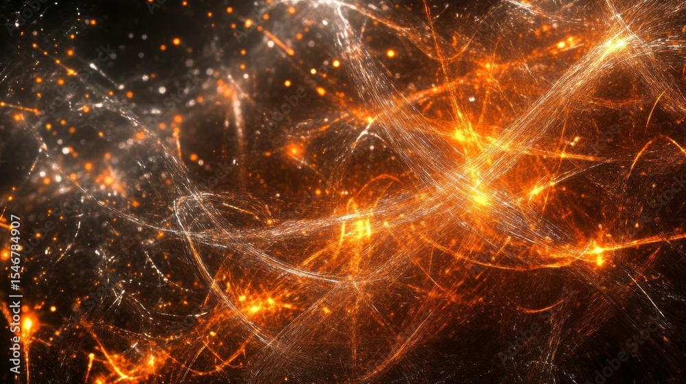 Poster abstract fiery orange and white glowing particles and lines on dark background.