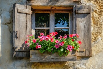 Rustic window adorned with vibrant pink flowers on a sunny day, Rustic window with flower box on sunny day