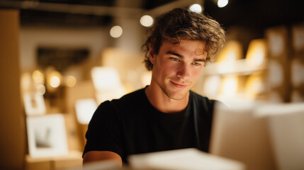 Worker storing empty nameplate in warm ambient light