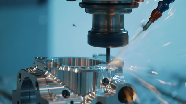 CNC milling machine cutting metal object. Industrial automated precision manufacturing using modern equipment. Lathe processing footage.