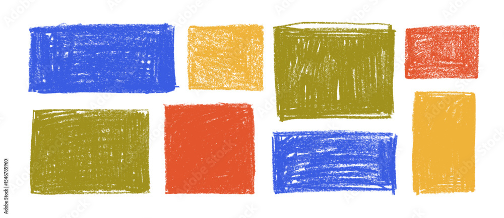 Poster Colorful hand drawn text boxes with crayon texture. Childish drawn rough squares and rectangles. Cute memo stickers. Colorful charcoal geometric basic shapes. Various empty square shapes.