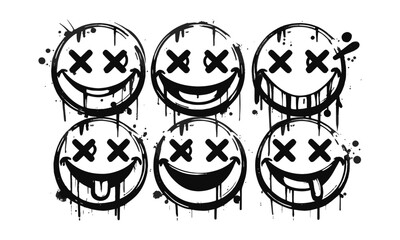 Modern vector illustration of six expressive smiley face icons inspired by graffiti-style street art, easily editable.