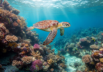 Majestic Sea Turtle Gracefully Swimming in Vibrant Coral Reef