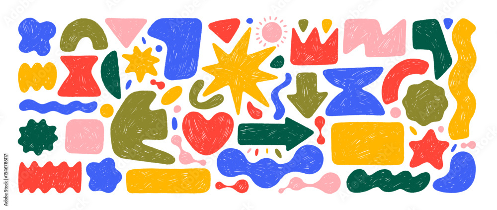 Poster various crayon drawn geometric figures with rounded edges. funky organic geometric shapes, childish 