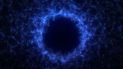 Radiant electric-blue energy portal swirling inward with symmetrical light strands and glowing edges