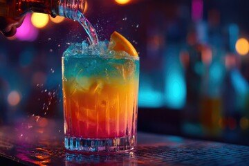 Vibrant Rainbow Cocktail at Neon-Lit Bar