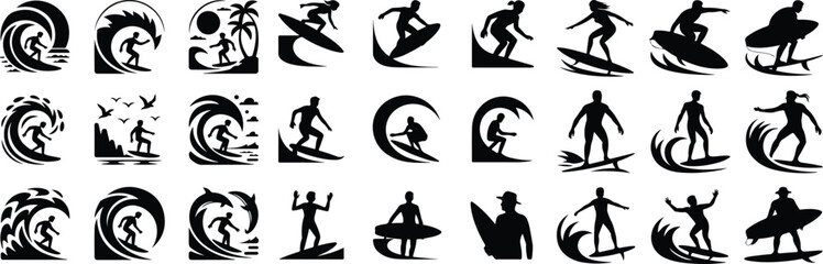 Surfing Pose Silhouette Collection – Beach Wave Rider Icons Surfer Riding Wave Icon Silhouette Set – Ocean Surf Vector Design