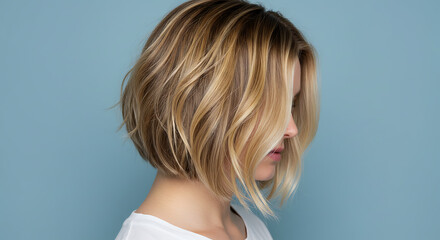 Isolated woman’s bob haircut with soft beach waves, highlighted with blonde and honey tones.