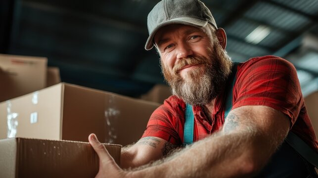 A bearded man in a cap smiles while lifting a box in a warehouse, portraying a hardworking spirit and the dedication of individuals in logistics and supply chain management.