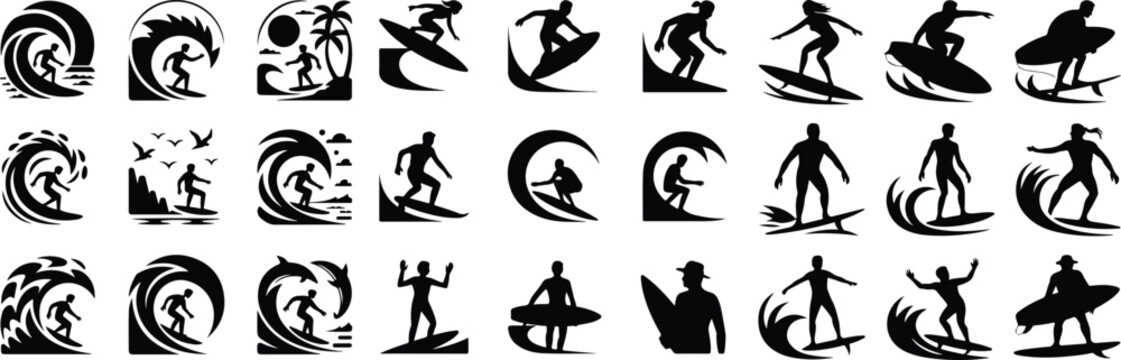 Surfing Pose Silhouette Collection &ndash; Beach Wave Rider Icons Surfer Riding Wave Icon Silhouette Set &ndash; Ocean Surf Vector Design
