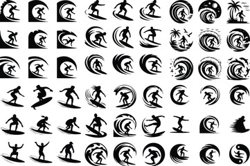 Surfing Pose Silhouette Collection – Beach Wave Rider Icons Surfer Riding Wave Icon Silhouette Set – Ocean Surf Vector Design