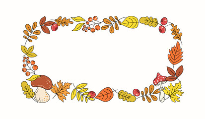Autumn set. Rectangular frame, plant border. Leaves, mushrooms, berries. Leaf fall. Fly agaric, doodles, drawings, sketch. Natural botanical illustration. White isolated background.