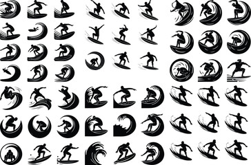 Surfing Pose Silhouette Collection – Beach Wave Rider Icons Surfer Riding Wave Icon Silhouette Set – Ocean Surf Vector Design