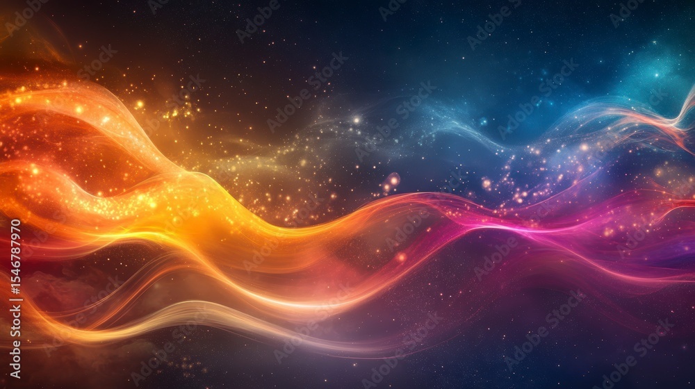 Poster Abstract cosmic waves with vibrant colors and sparkling particles, creating a dreamy, ethereal atmosphere.