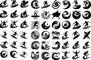 Surfing Pose Silhouette Collection – Beach Wave Rider Icons Surfer Riding Wave Icon Silhouette Set – Ocean Surf Vector Design