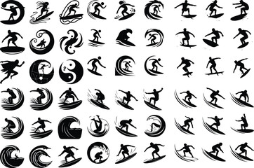 Surfing Pose Silhouette Collection – Beach Wave Rider Icons Surfer Riding Wave Icon Silhouette Set – Ocean Surf Vector Design