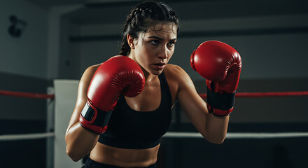 Isolated female boxer in defensive stance, wearing red gloves and workout shorts, intense expression.