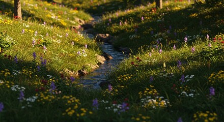 Serene summer stream flows through vibrant wildflowers meadow landscape red day blue view grass water
