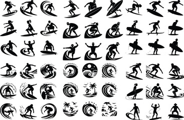 Naklejka premium Surfing Pose Silhouette Collection – Beach Wave Rider Icons Surfer Riding Wave Icon Silhouette Set – Ocean Surf Vector Design