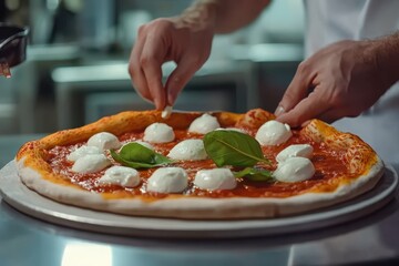 Chef skillfully adds fresh mozzarella and spinach to pizza in a vibrant kitchen setting, Chef puts a mozzarella pieces on a pizza cooking in restaurant kitchen