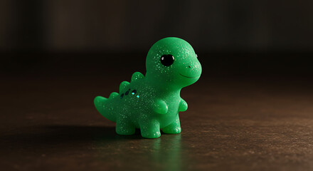 A miniature dinosaur figurine made of soft rubber, bright green with tiny sparkles and heart-shaped eyes.
