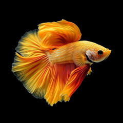 The beautiful moving moment of yellow half moon siamese betta fish or dumbo betta splendens fighting fish in thailand on isolated black background. Thailand called Pla-kad or big ear fish