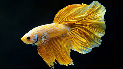 The beautiful moving moment of yellow half moon siamese betta fish or dumbo betta splendens fighting fish in thailand on isolated black background. Thailand called Pla-kad or big ear fish