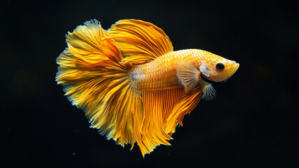 The beautiful moving moment of yellow half moon siamese betta fish or dumbo betta splendens fighting fish in thailand on isolated black background. Thailand called Pla-kad or big ear fish
