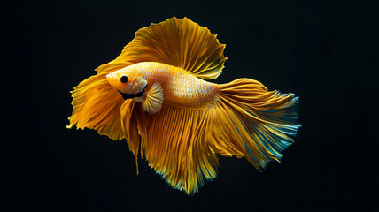 The beautiful moving moment of yellow half moon siamese betta fish or dumbo betta splendens fighting fish in thailand on isolated black background. Thailand called Pla-kad or big ear fish