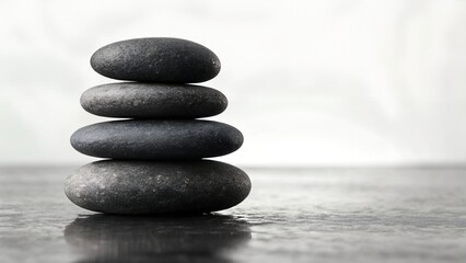 Four dark gray stones stacked on a dark gray surface against a blurred white background, creating a serene and balanced zen-like composition perfect for meditation or spa concepts.