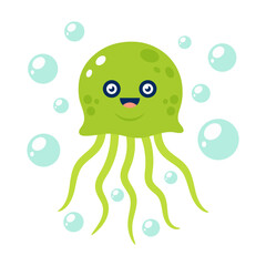 Cute green jellyfish with happy face surrounded by bubbles. Fun underwater sea creature. Flat cartoon vector illustration on white background.