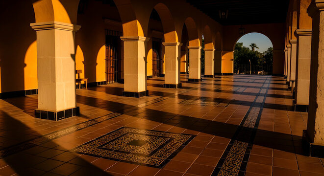 Sunlit Courtyard With Arches And Geometric Tiled Floor Design - Powered by Adobe