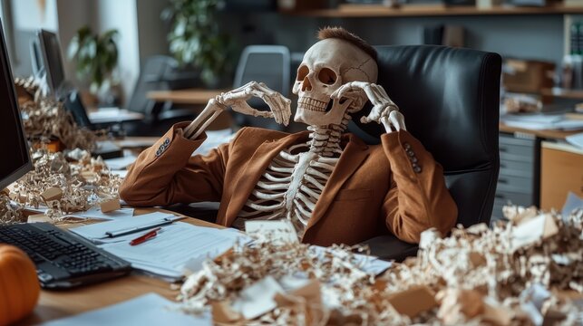 A humorous depiction of a skeleton dressed in a suit, relaxing in an office chair, surrounded by crumpled paper, symbolizing stress and workplace fatigue in a quirky way.