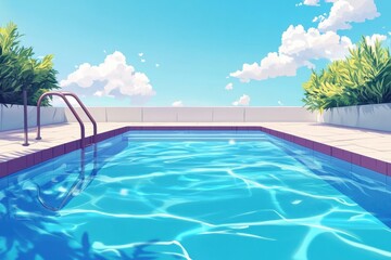 Obraz premium Cool summer vibes by the swimming pool with clear blue water and bright sky, swimming pool in the summer, seamless Photo background, cartoon anime style