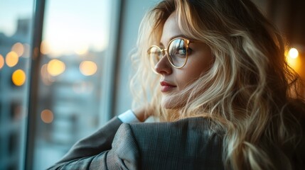 A contemplative shot of a professional woman looking out the window, showcasing her stylish outfit, glasses, and the serene mood of a quiet urban setting in the background.