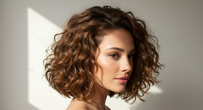 A curly shoulder-length haircut with a side part and natural volume, reflecting effortless beauty.