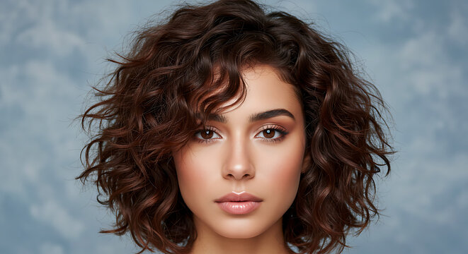 A curly shoulder-length haircut with a side part and natural volume, reflecting effortless beauty.