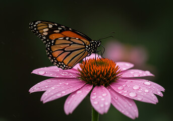 Obraz premium Monarch Butterfly on Dew-Kissed Coneflower A Stunning Nature Photograph