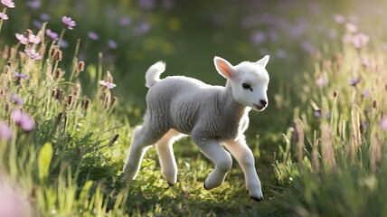 Obraz premium A fluffy white lamb joyfully runs through a lush green spring meadow, surrounded by blooming wildflowers and glowing sunlight. This charming countryside 