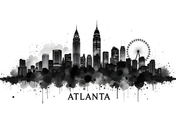 Atlanta Georgia Skyline BW, travel art illustration urban modern downtown landmarks skyscrapers artwork abstract architecture digital office home decor
