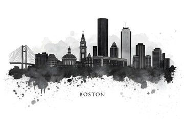 Boston Massachusetts Skyline BW, travel art illustration urban modern downtown landmarks skyscrapers artwork abstract architecture digital office home decor
