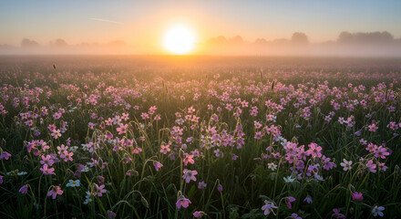 Obraz premium Floral Meadow Bathed In Dawn's Gentle Light With Atmospheric Mist