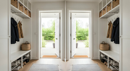 Bright Entrance Hall With Modern Minimalist Design And View To Garden