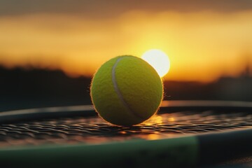 Tennis ball resting on racket during a warm sunset in the background, Tennis ball on a racket with a warm sunset in the background