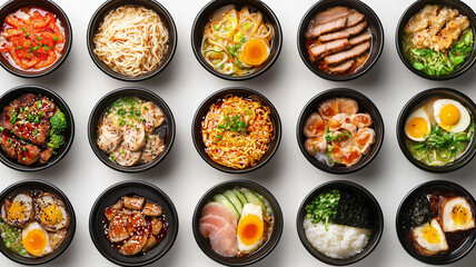Top view composition of various Asian food in bowl