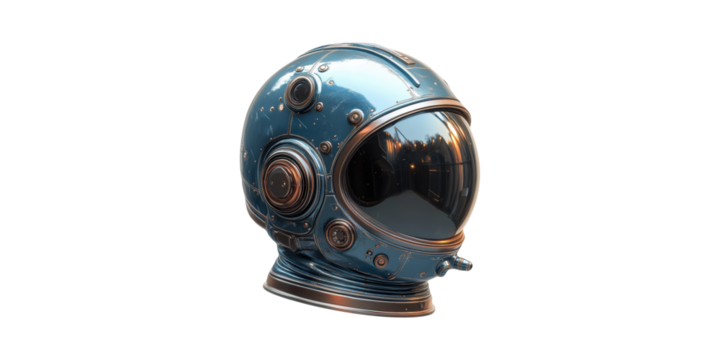 Futuristic Blue Space Helmet With Reflective Visor. Advanced Technology And Space Exploration Concept Isolated On Transparent Background