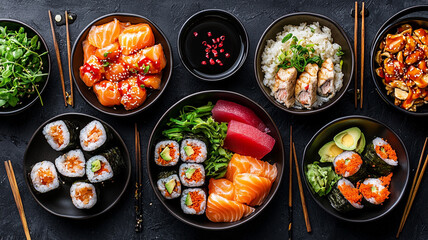 Top view composition of various Asian food in bowl