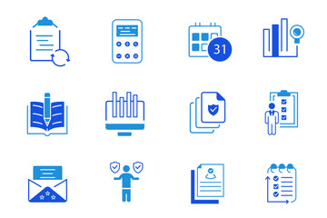 Audit solid flat Icons set. Inspection, documentation, auditor, checkmark, accounting icons. Check and audit icons collection. Vector editable illustration